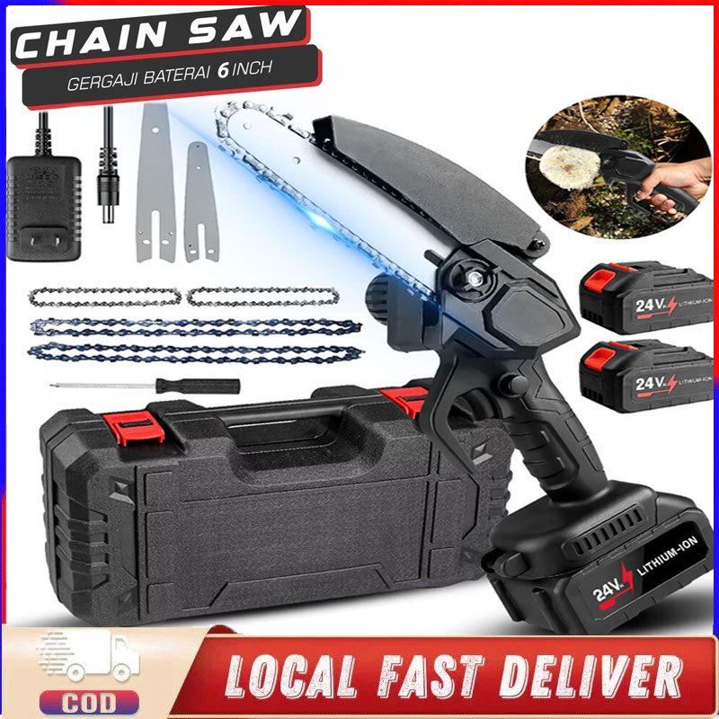 Gergaji Listrik Cordless 6 Inch Pemotong Kayu Mini Chainsaw Baterai 2 Unit