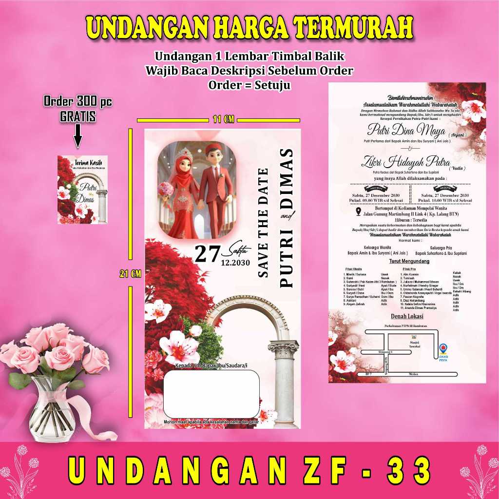 Undangan Pernikahan 1 Lembar Murah, Cantik, Elegant, Simpel, Vintage, Rustik, Surat Undangan Pernika