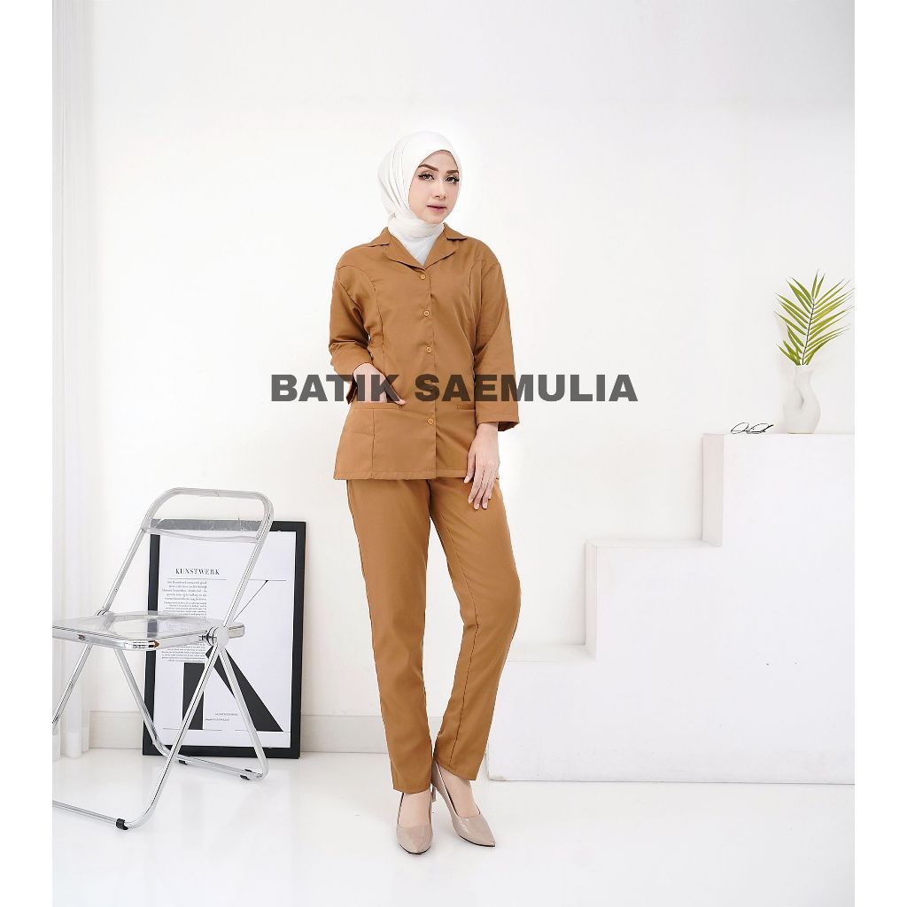 Batik Saemulia Seragam PNS Pemda Wanita khaki tua dan muda lengan panjang Setelan Baju dinas PNS pem