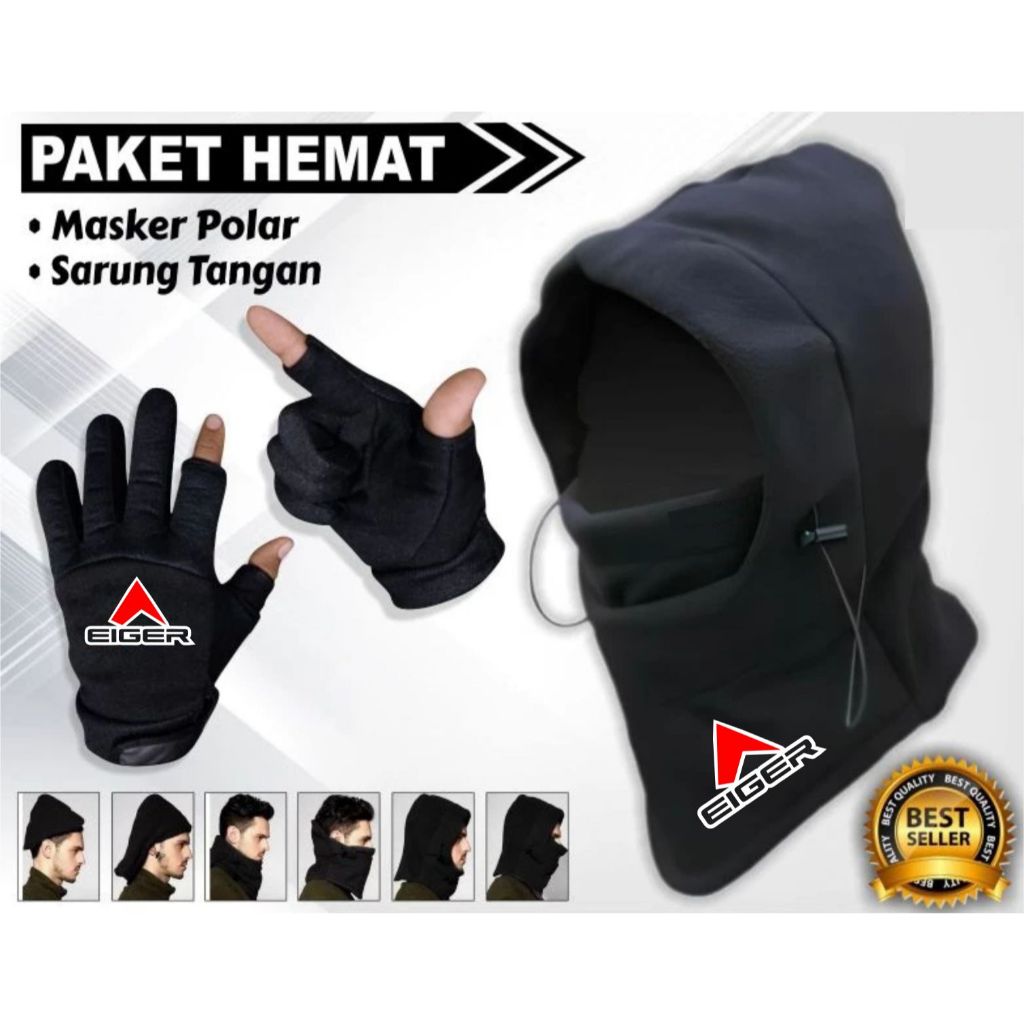 Paket 2 in 1 Pelindung Buff Masker Polar Topi Gunung Sarung Tangan Pendaki Bahan Tebal All Size