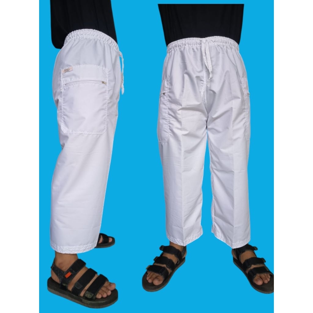 Celana Sirwal Pria Putih Polos - Celana Cingkrang Laa Isbal Bahan Katun Adem - Sirwal Cargo Pouch