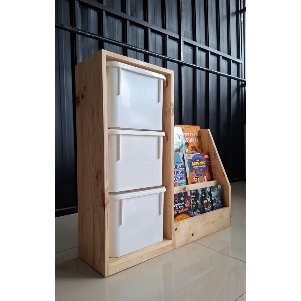 Rak mainan anak 3box susun dan rak buku / Rak jati belanda / Rak custom