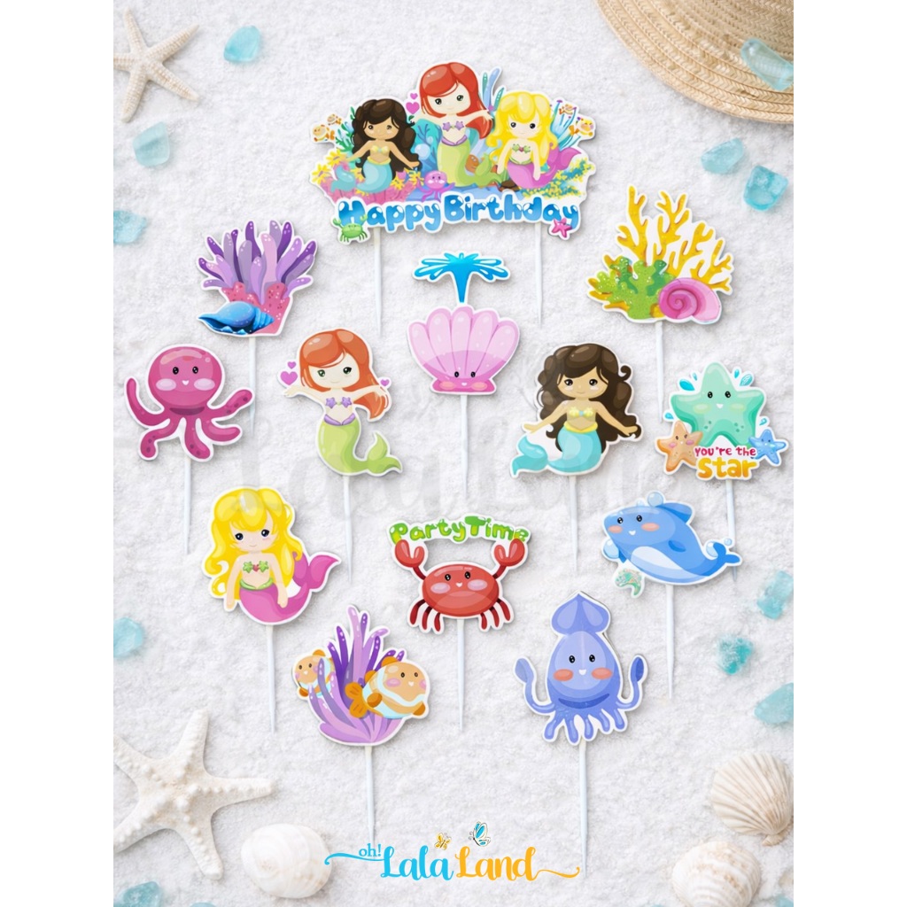 Little Mermaid Birthday Cake Topper | Underwater Dekorasi Tart Ulang Tahun | Hiasan Tusukan Kue Cupc