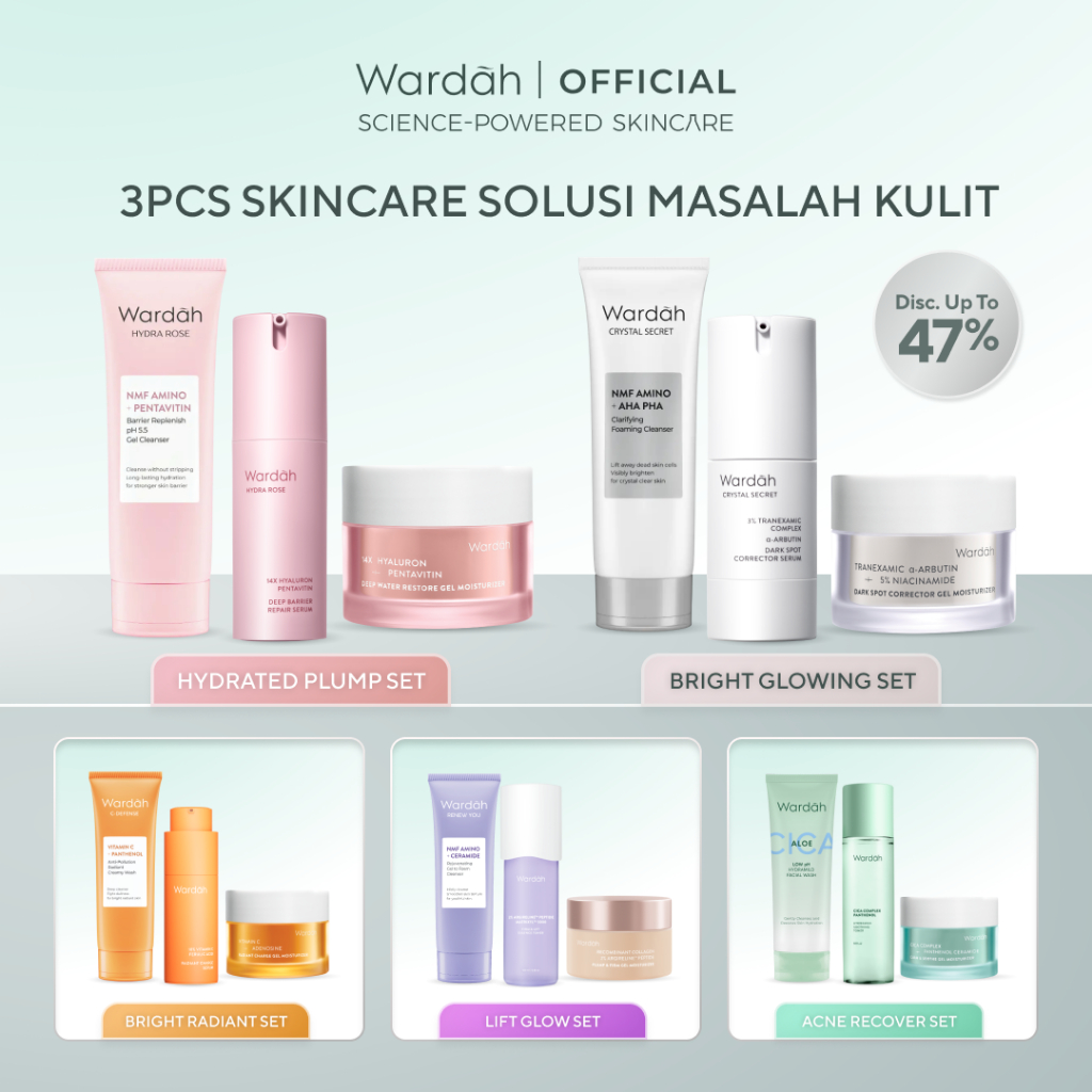 WARDAH Paket 3 pcs Gel Moisturizer, Facial Wash, dan Serum - Bright Radiant, Bright Glowing, Calm Ac
