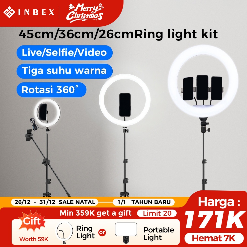 NEW INBEX Ring Light Tripod Ukuran Besar 45cm/26cm Lampu Konten Kreator with 3 Holder HP