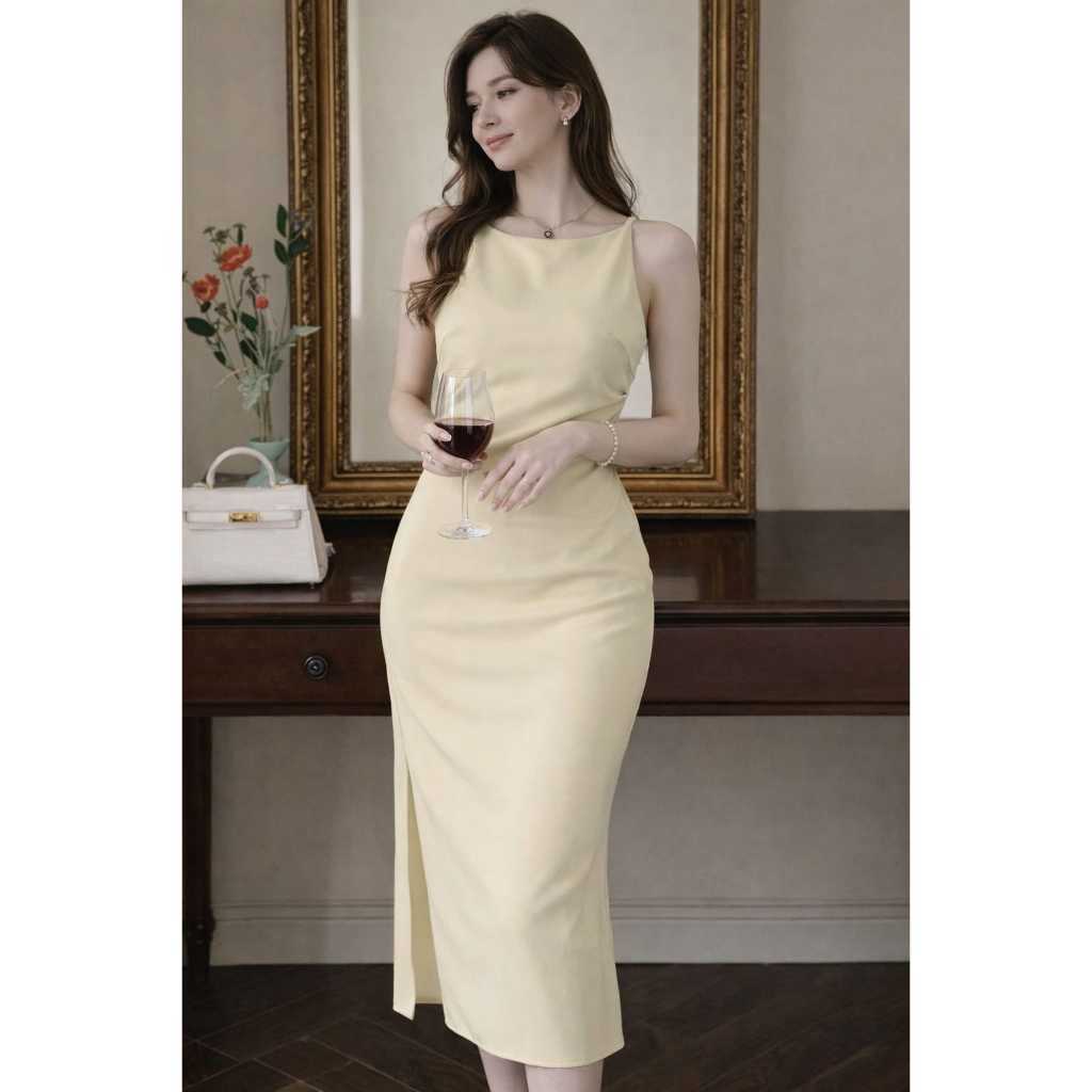 New Kathrina Gaun Dress Panjang | Long Dress Sleeveless Tanpa Lengan | Gaun Tanpa Lengan Motif Polos