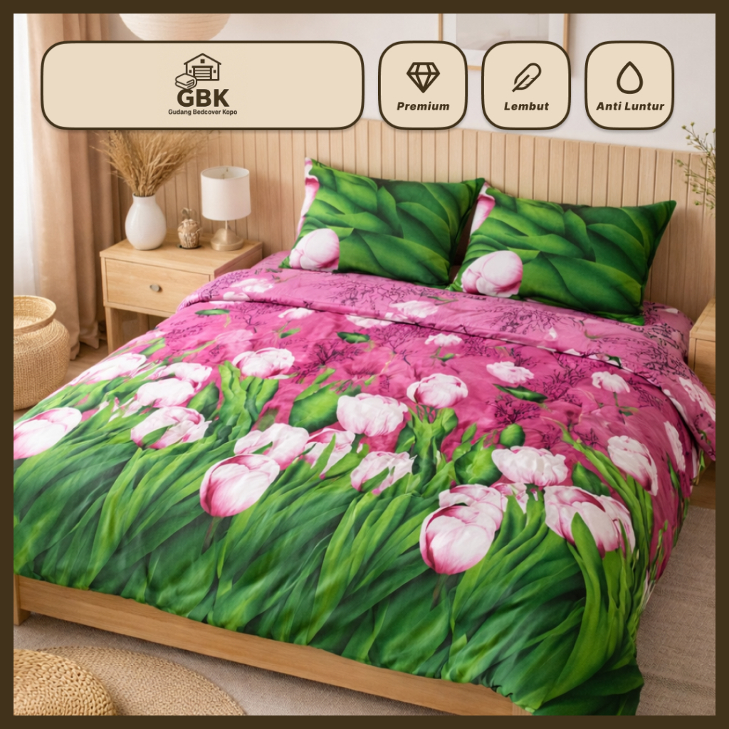 Bedcover 1 Set Sprei Sarung Bantal Guling - Motif Bunga - Tulip Ungu - Bed Cover Set Sprei 180 x 200
