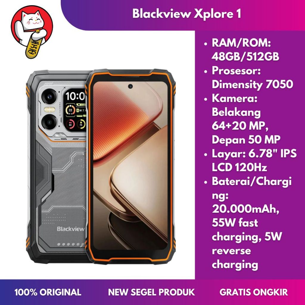 Blackview Xplore 1 5G 48GB 512GB Baterai 20000mAh 55W Dimensity 7050 Layar 6.78" IPS LCD 120Hz Rugge