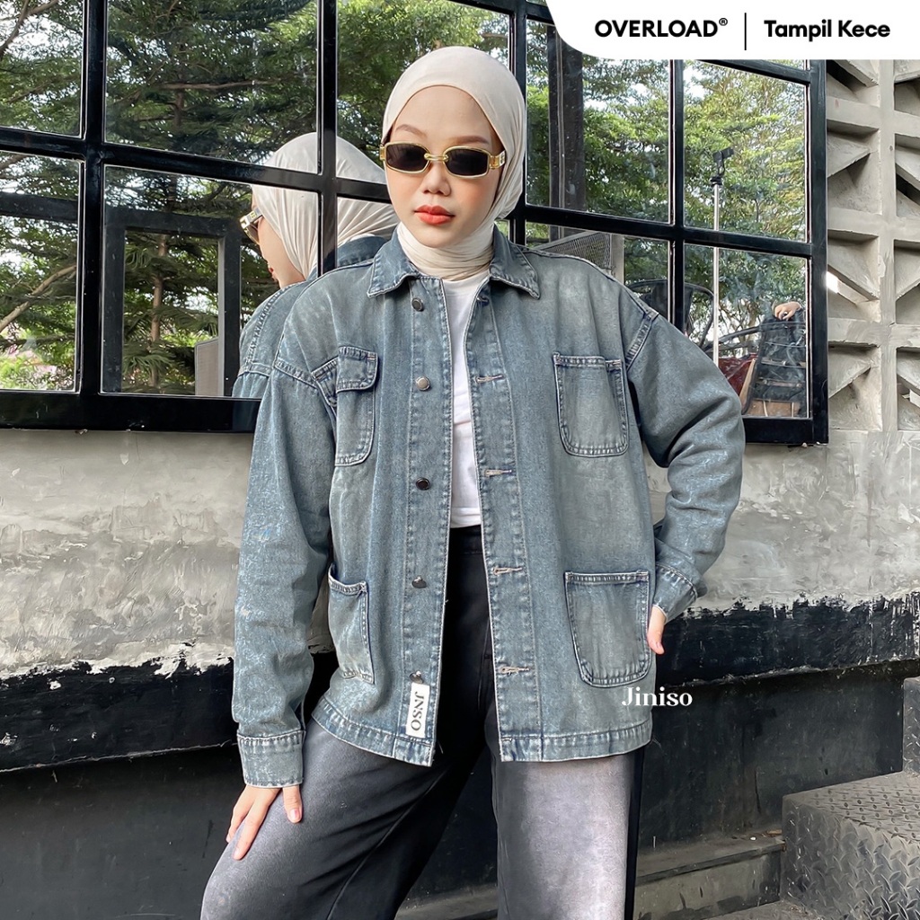 JINISO Jaket Denim Jeans Oversize WorkWear Blue Washed