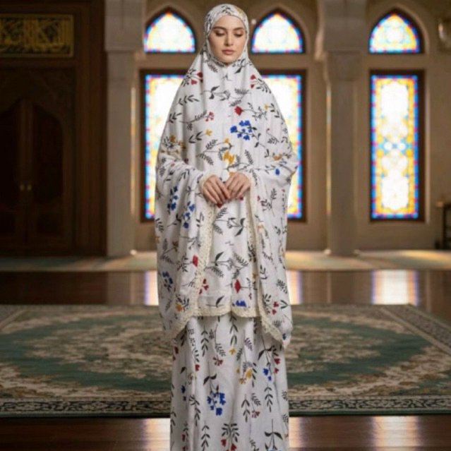 Mukena Dewasa Katun Motif Bunga Putih