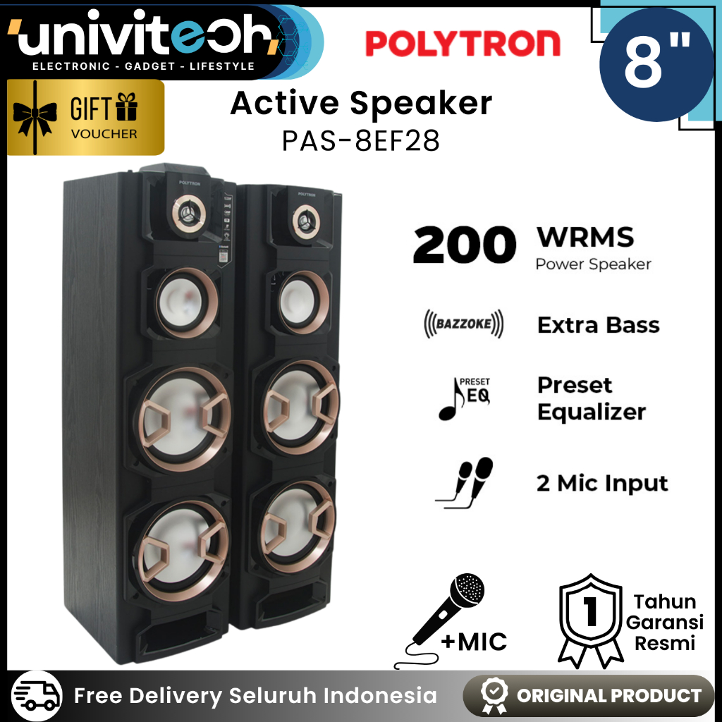 Polytron Speaker Aktif Bluetooth 8inch 4 Woofer Extra Bass Preset Equalizer 3-Band Tone, PAS 8EF28