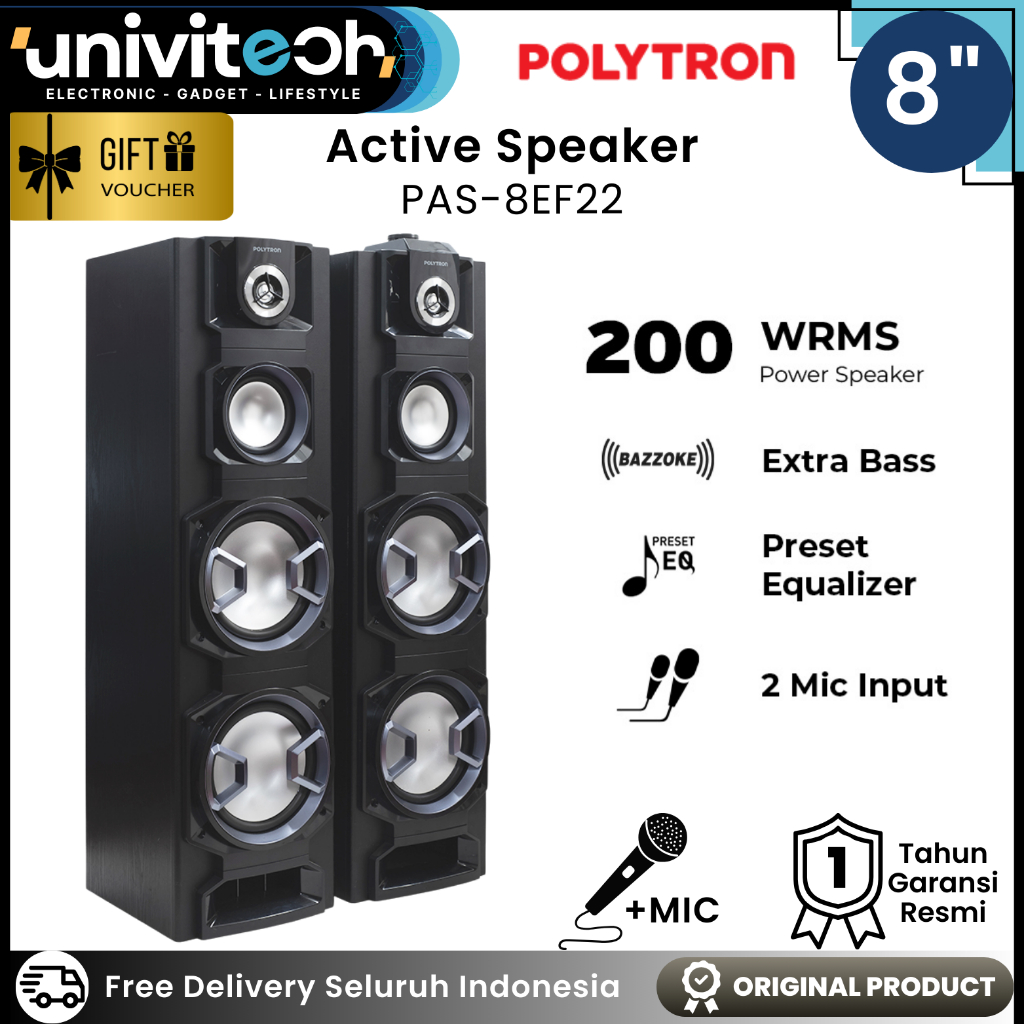 Polytron Speaker Aktif Bluetooth 8inch 4 Woofer Extra Bass Preset Equalizer 3-Band Tone, PAS 8EF22