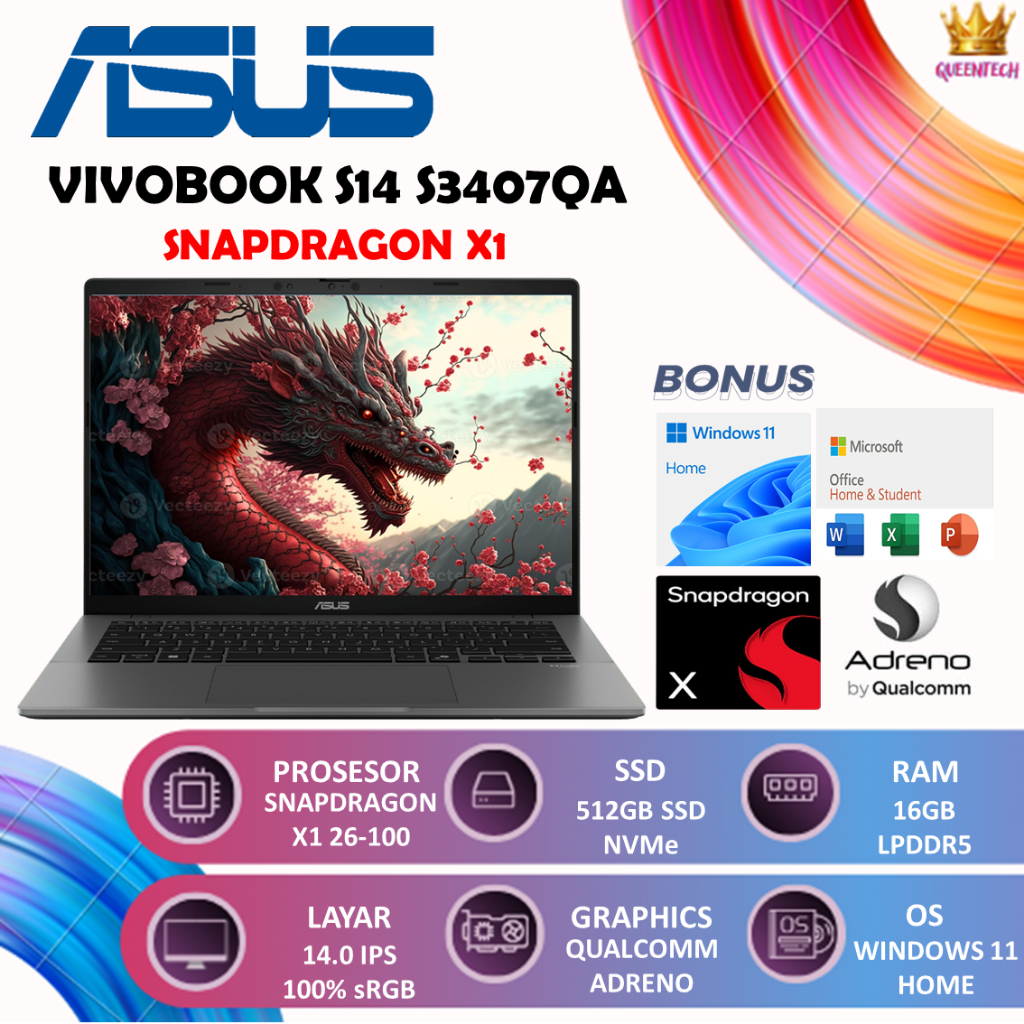 ASUS Vivobook S14 Snapdragon X1 16GB 512GB Laptop 14" 2.5K WQXGA IPS Tipis