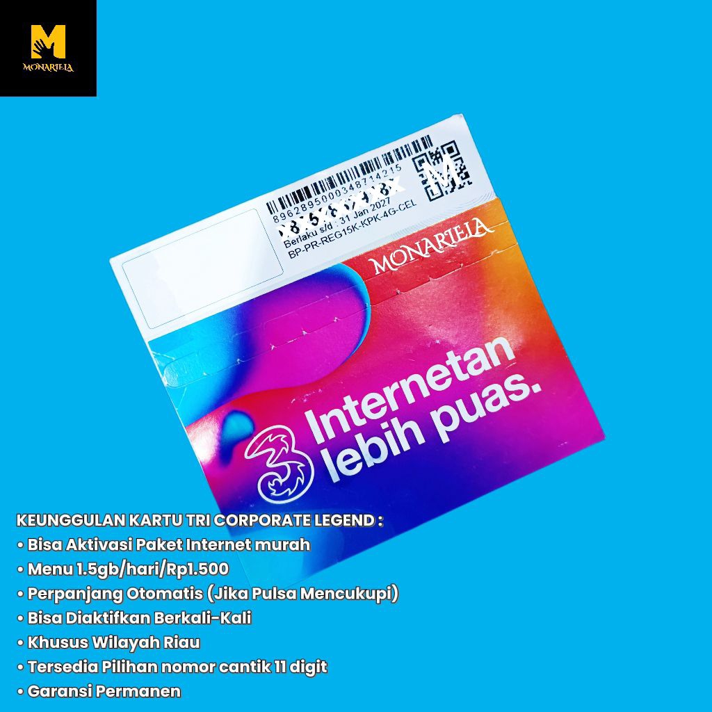 MONARIELA - (KARTU PERDANA TRI CORPORATE LEGEND) KARTU CORPORATE TRI 1.5GB 1500 PERHARI