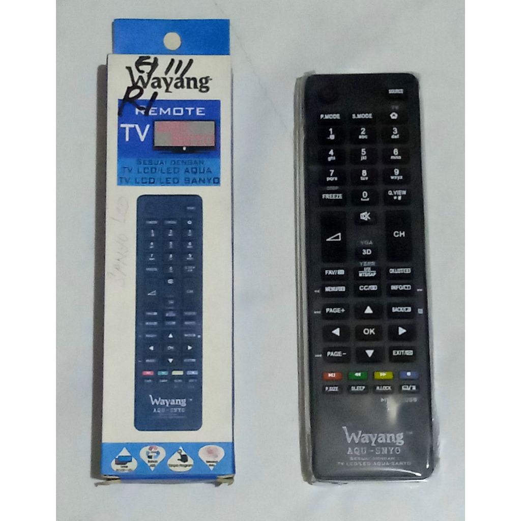 Remote TV AQUA SANYO merk Wayang (multi/universal) dipakai utk TV AQUA dan SANYO di Indonesia, baik 