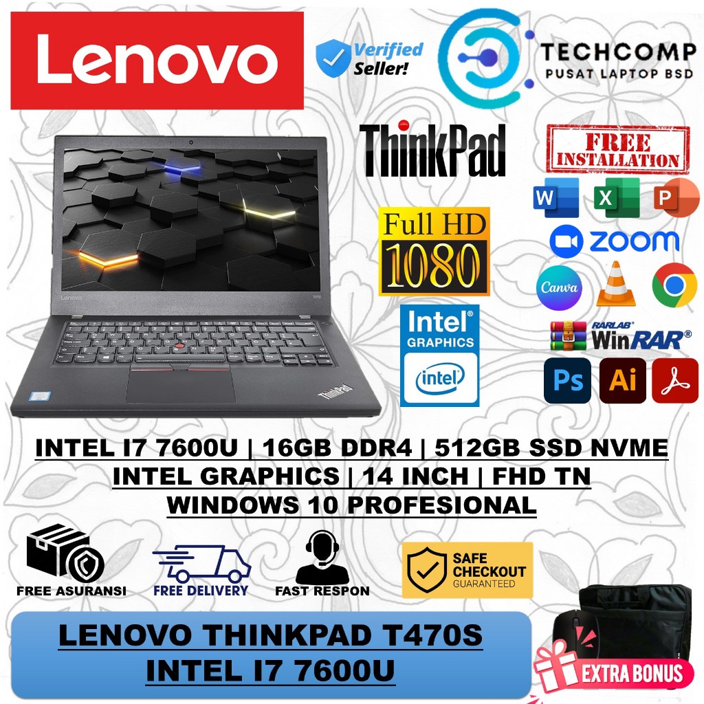 Laptop Lenovo Thinkpad T470S Intel i7 7600U 16GB 512GB SSD 14 Inch FHD Win 10  Pro Black original