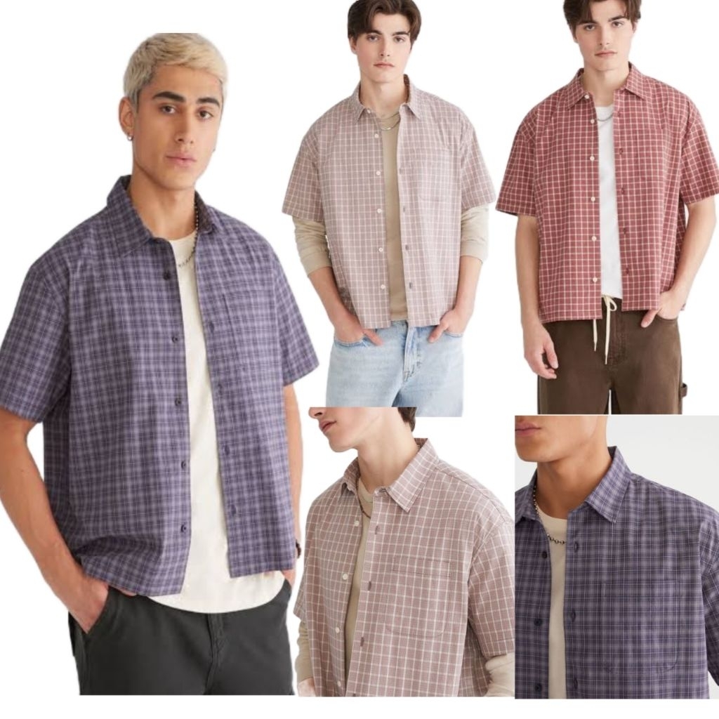 Aeropostale Kemeja boxy fit Motif Kotak simpel Pria Lengan Pendek Oversize  / Baju atasan Kemeja Tar