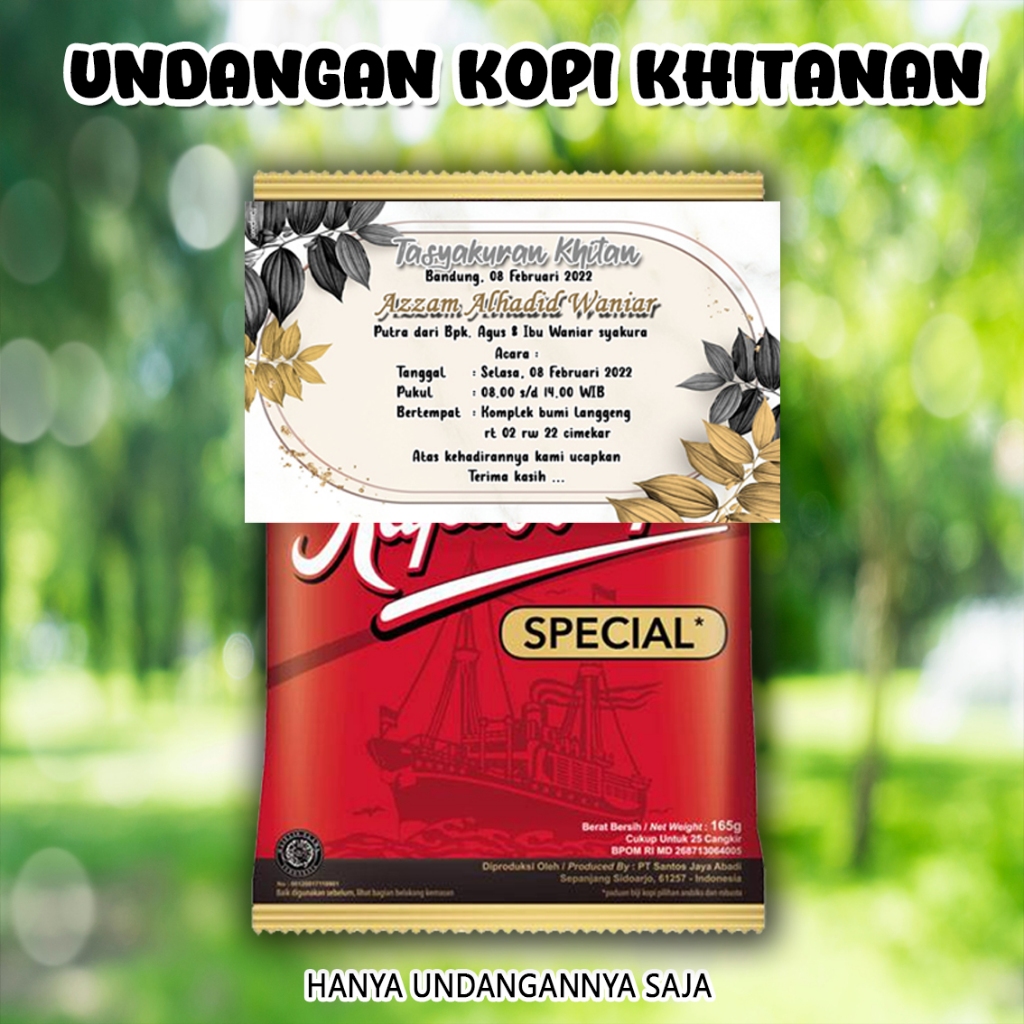 Undangan mini kopi 02 khitanan pernikahan ukuran 7.5 x 9 Cm bahan Karton BC