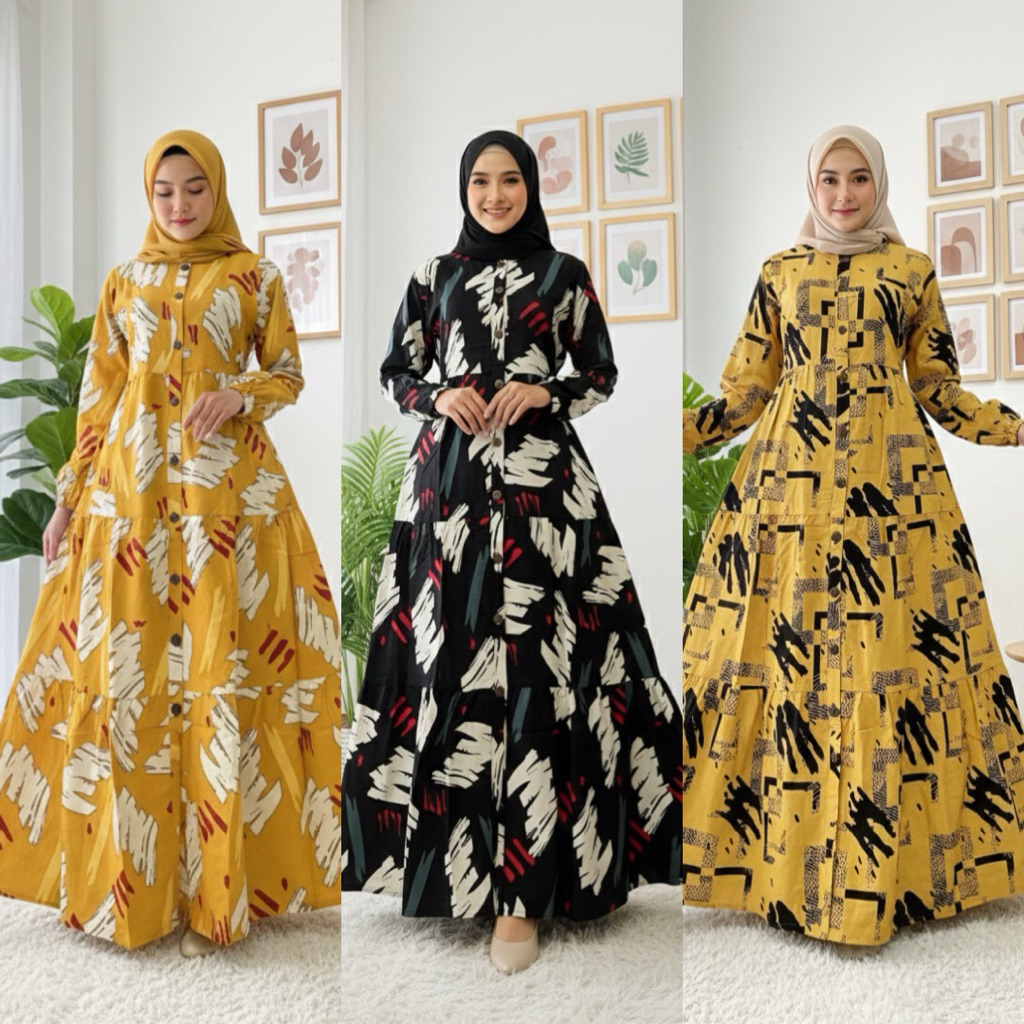 GAMIS KATUN LINEN/RAMI PREMIUM MOTIF ABSTRAK/GAMIS KATUN/GAMIS TERBARU/GAMIS PREMIUM/GAMIS PESTA