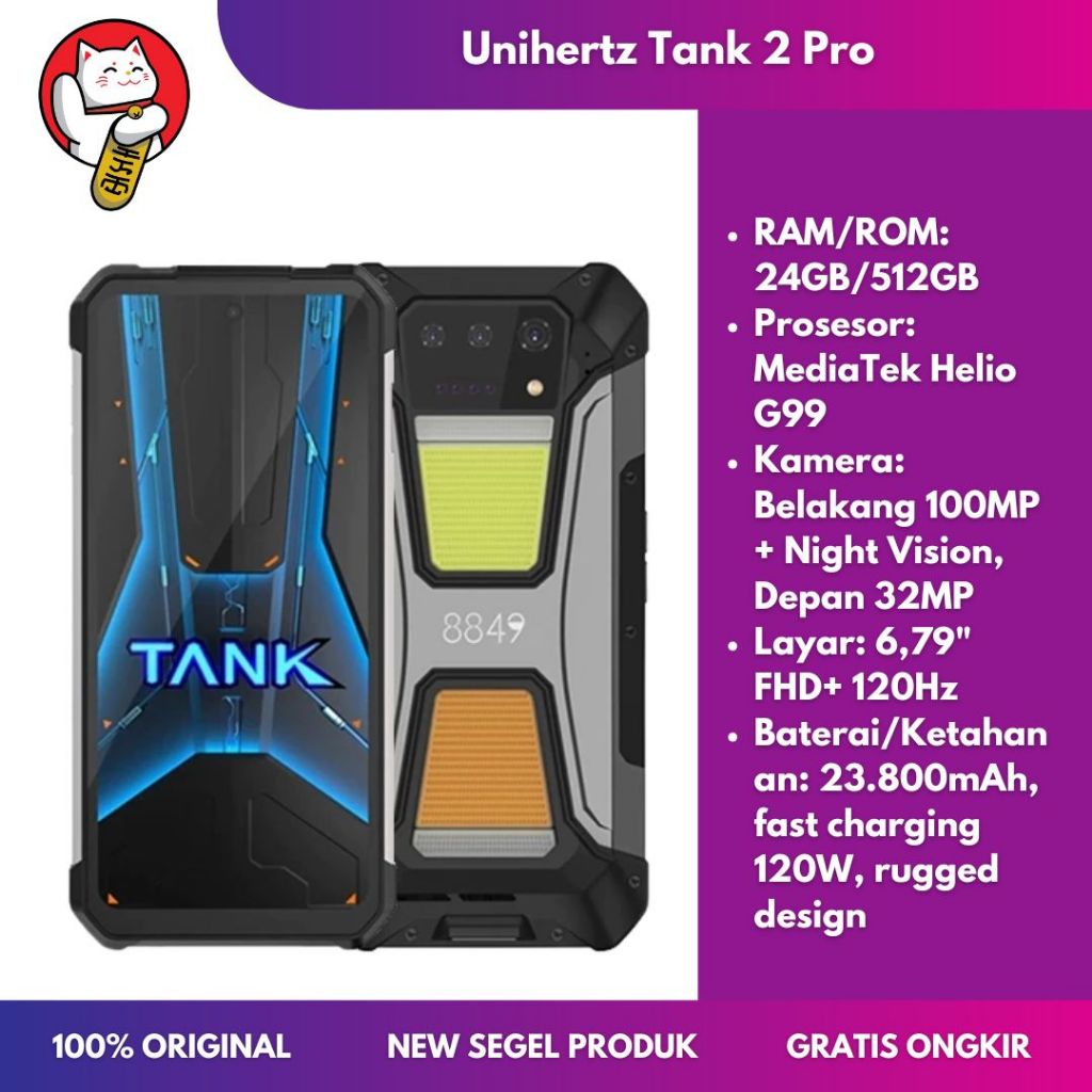 Unihertz Tank 2 Pro 4G RAM 24GB ROM 512GB Baterai 23800mAh 120W Helio G99 Layar 6.79" FHD+ 120Hz Rug