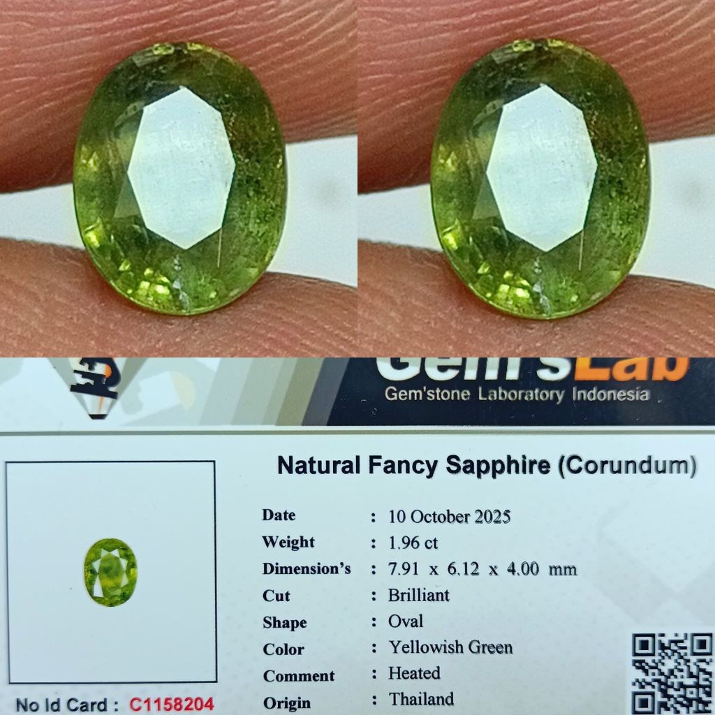 NATURAL FANCY SAPPHIRE THAILAND YELLOWISH GREEN HEATED GLI MEMO LAB