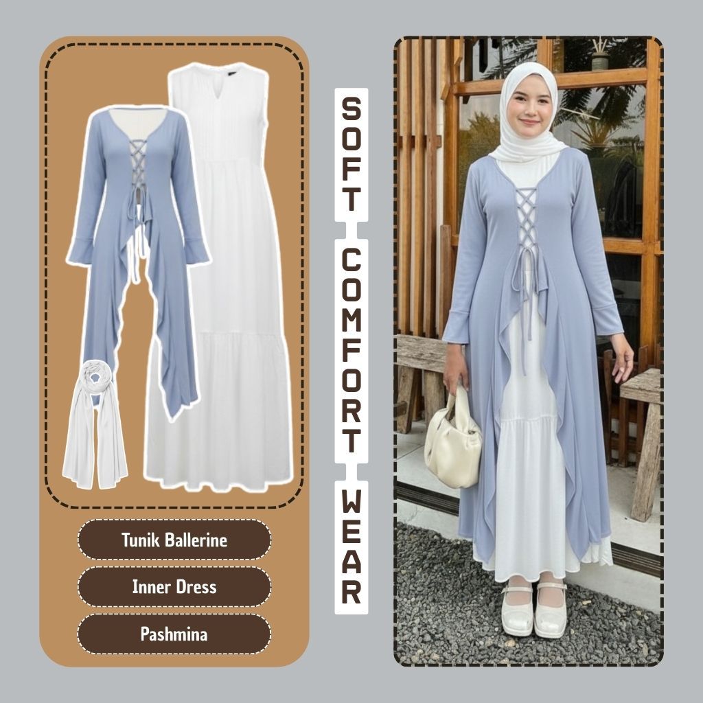 One Set Dress Hijab ( Cardigan Ballerine + Inner Dress + Pasmina ) Outfit Korean Style Remaja - 045