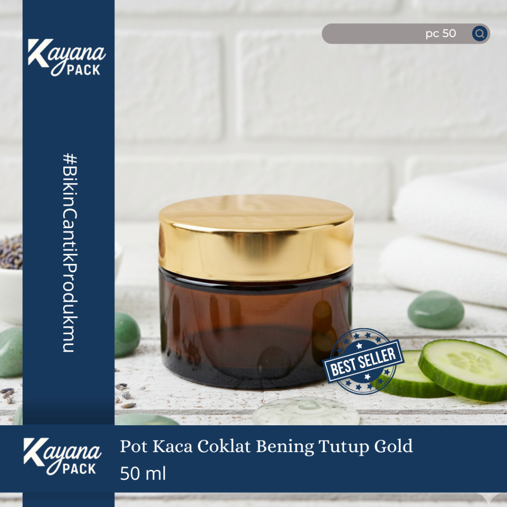 BOTOL POT JAR CREAM KRIM KACA COKLAT BENING 50GR TUTUP GOLD / POT KACA COKLAT 50 GR (PC50)