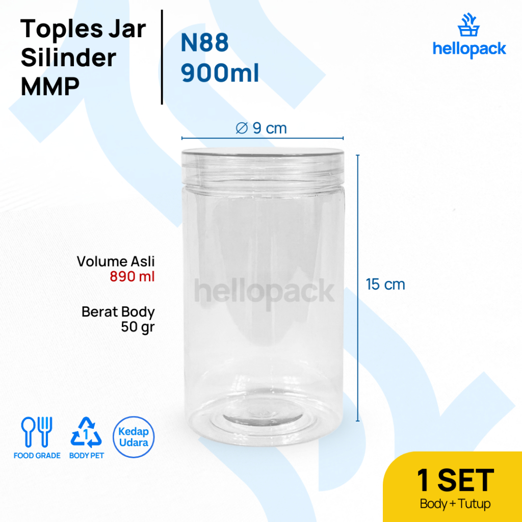 [Grosir] Jar Silinder N88 900ml Tutup PET Clear Kaca / Toples Tabung Plastik Kue Kering / Lebaran / 