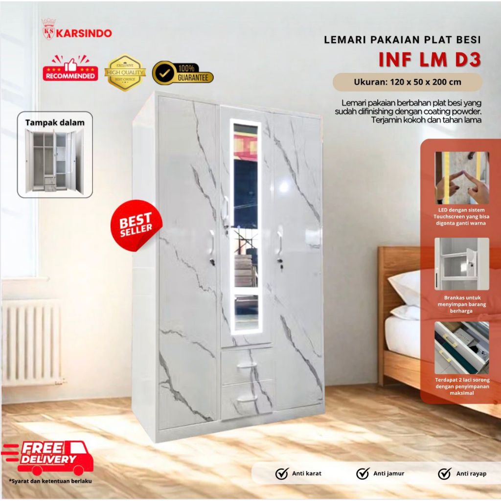Karsindo Lemari Pakaian Besi Kaca 3 Pintu LED Almari Rak Baju Warna Putih Modern & Minimalis LM D3