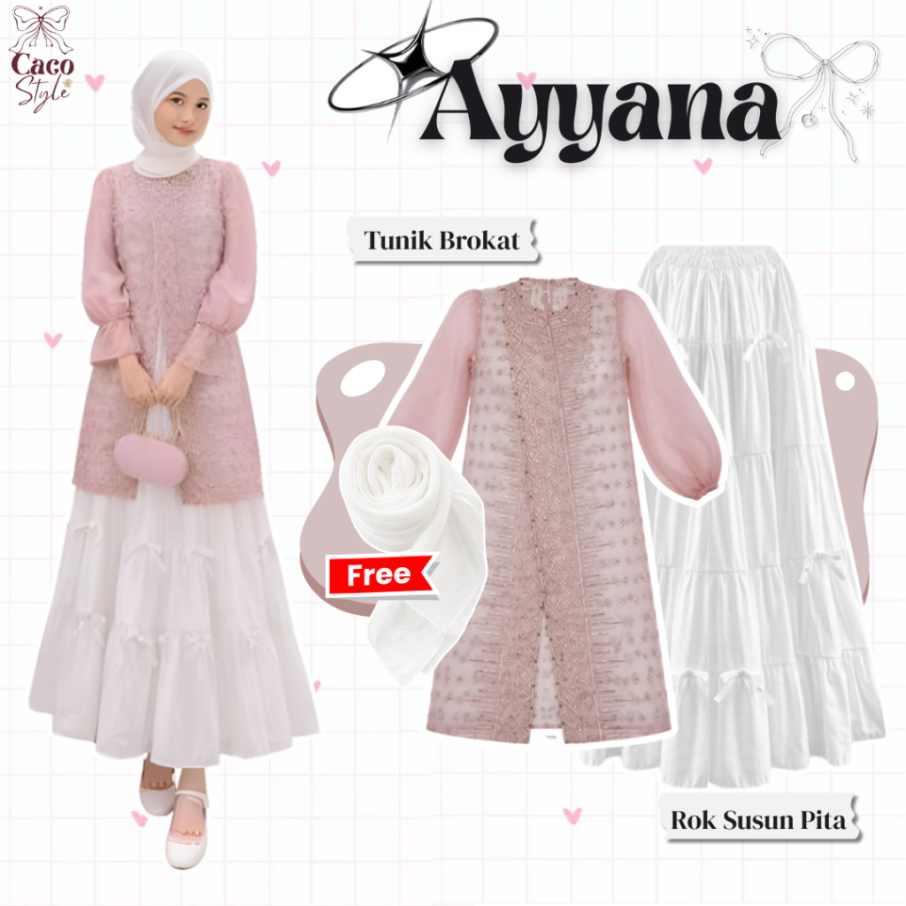 AYYANA One Set 3In1 Outfit Tunik Lebaran Kekinian ( Bella Square + Tunik Brukat + Rok Pita )  - CO84