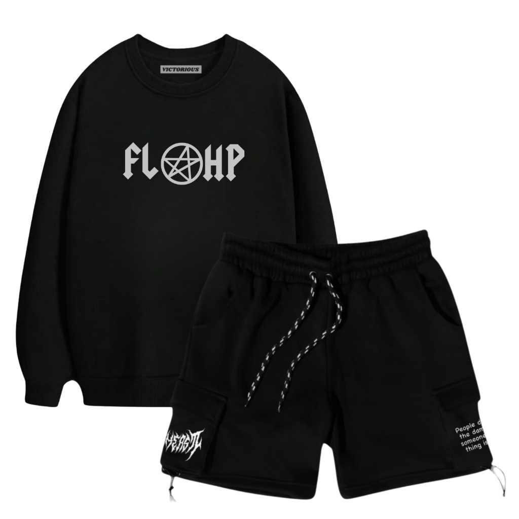 Victorious Style Paket Setelan Satu Set Swetear Crewneck + Celana Cargo Pendek Hitam Terbaru Distro 