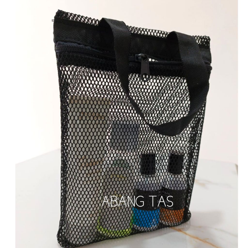 Totebag Mini Tempat Perlengkapan Sabun Mandi / Tas Kosmetik Skincare Bedak Bayi Bahan Jaring Hitam T