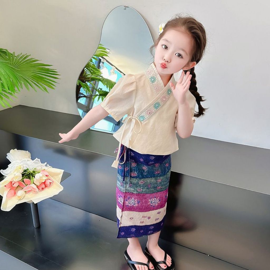 setelan anak perempuan adat united nations day krem white cream kimono chinnese korean hanbok cheong