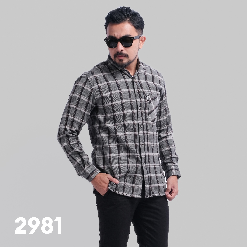 PAKAJI Kemeja Flanel Pria Lengan Panjang Abu Garis Hitam Putih Kemeja Pria Flanel Pria Kemeja Panjan