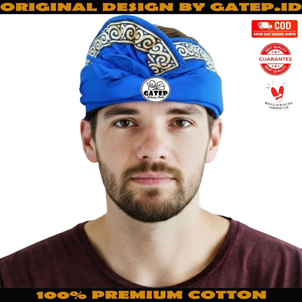 Udeng Bali Biru Polos Lis Songket Keong Setengah Jadi - Ikat Kepala Bali - Topi Bali - Blangkon Bali