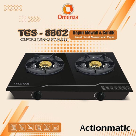 TECSTAR Kompor Gas Api Biru Kaca 2 Tungku TGC-8802 Actionmatic SNI Hemat Gas Optimax