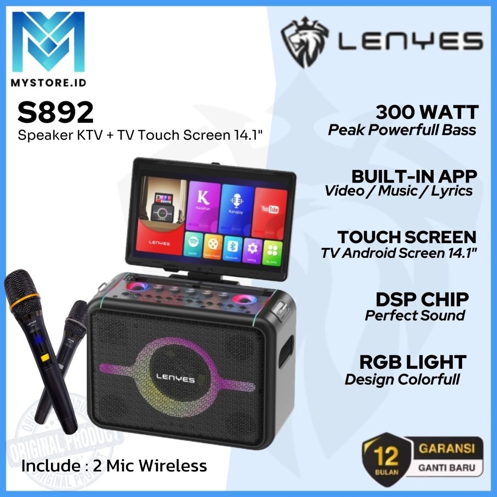 LENYES S892 300W Speaker Karaoke Bluetooth Wireless + Smart TV Touch Screen Android 14.1" DSP Chip H