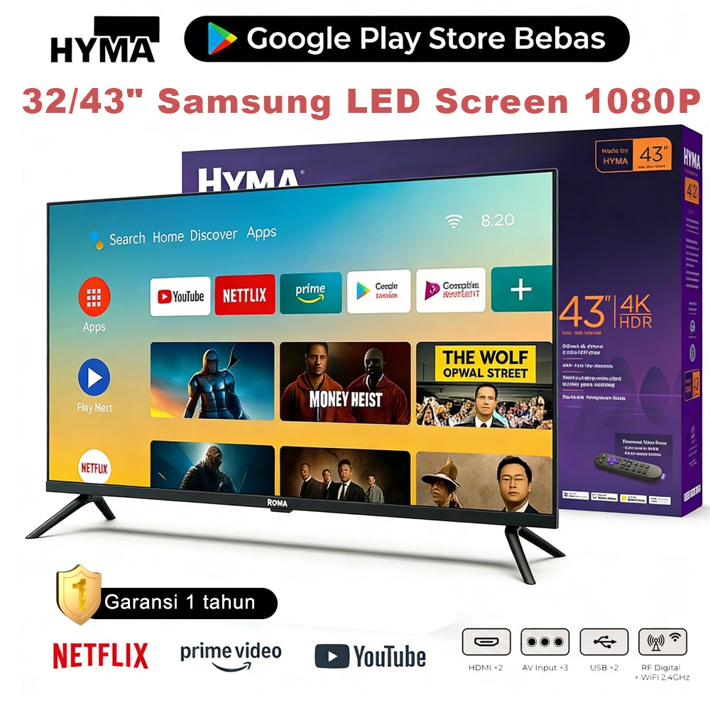 HYMA 4K Android Smart TV 32/43'' Samsung LED Screen HDR10+ Dolby - Google TV RAM 1GB ROM 8GB-43/32 i