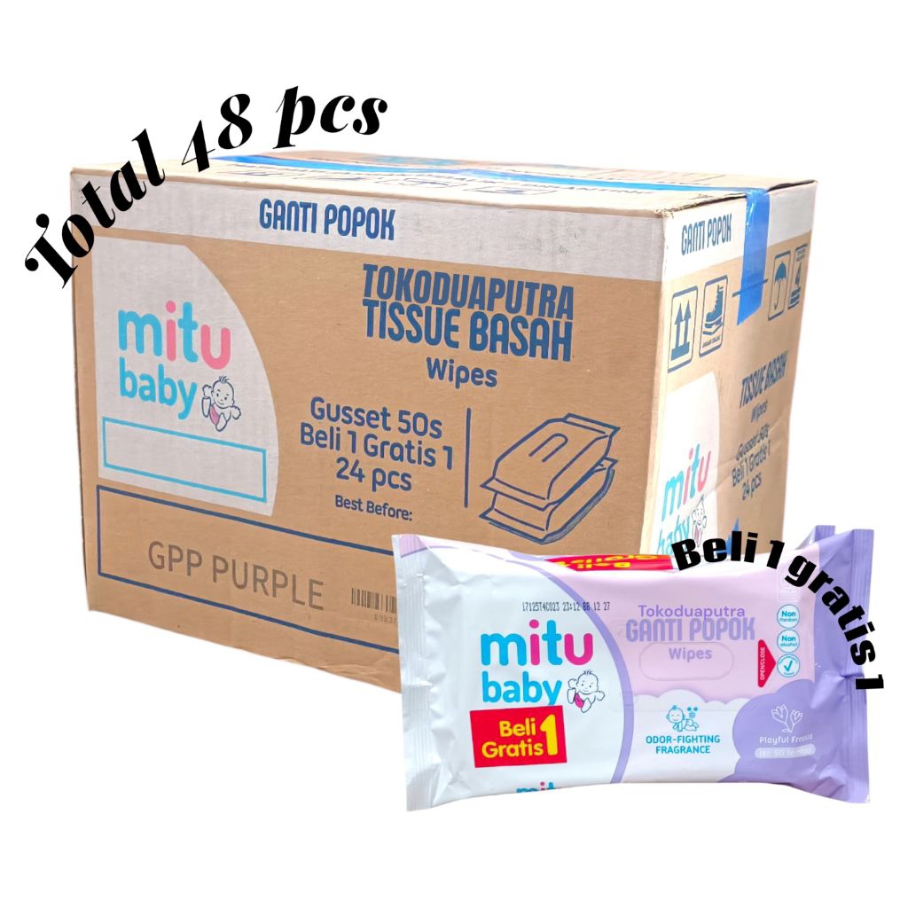 Mitu Baby Wipes 50s 1 karton X 24 ( Beli 1 gratis 1)  / Tissue basah ganti popok Mitu Baby 1 karton