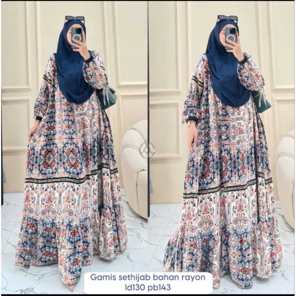 gamis rayon premium motif etnik lengan balon