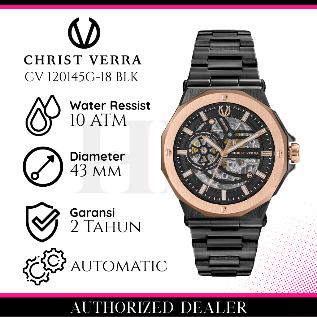 CHRIST VERRA CV 120145G-18 BLK Jam Tangan Pria Original Analog Automatic Antiair