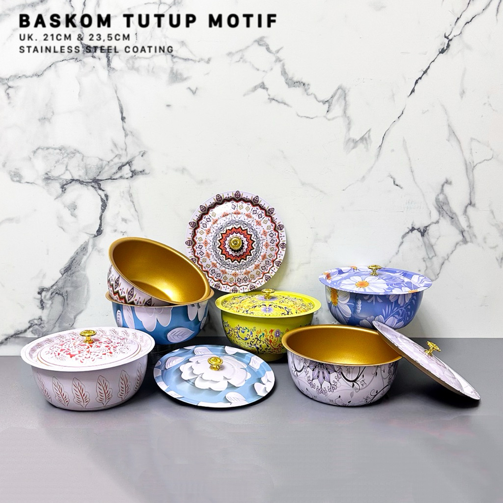 BASKOM STAINLESS SERBAGUNA UKURAN SEDANG / BASKOM TUTUP MOTIF