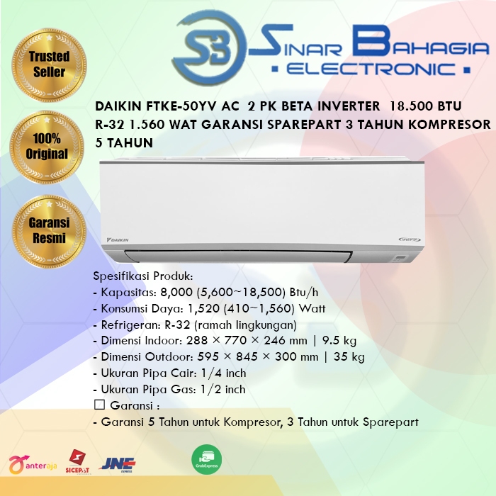 DAIKIN FTKE-50YV AC  2 PK BETA INVERTER  18.500 BTU R-32 1.560 WAT GARANIS SPAREPART 3 TAHUN KOMPRES