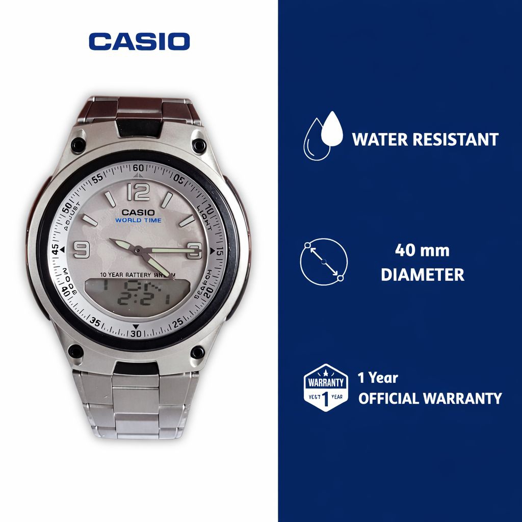 Casio Original Jam Tangan Pria AW-80D-7A White Dial Silver Stainless Steel Analog Digital