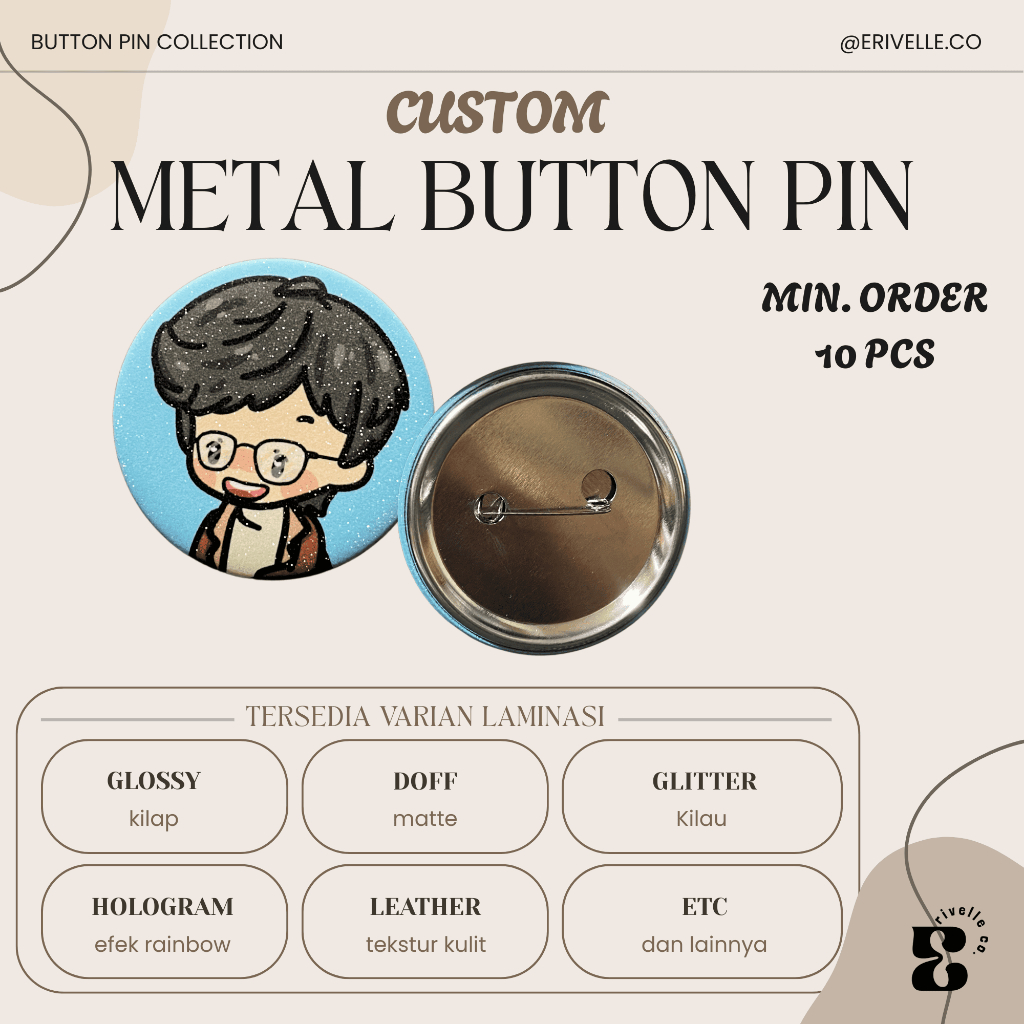 Erivelle Co. – Metal Button Pin Peniti / Pin Besi Custom Desain Sendiri | Pin Nama, Foto, Logo, Souv