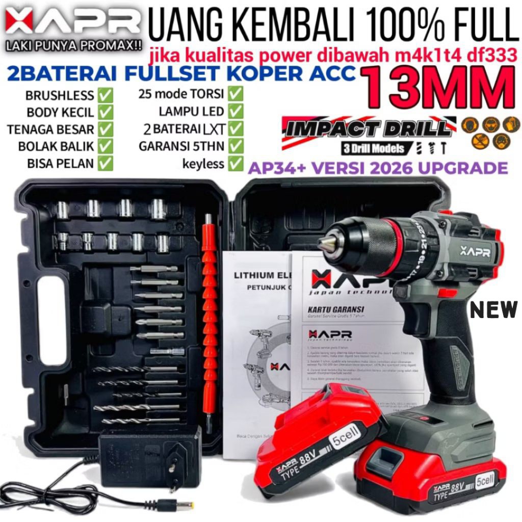 APR AP34+ JAPAN TECHNOLOGY PROMO MESIN BOR BATERAI CORDLES 34V 13MM BOR OBENG BETON KAYU BESI