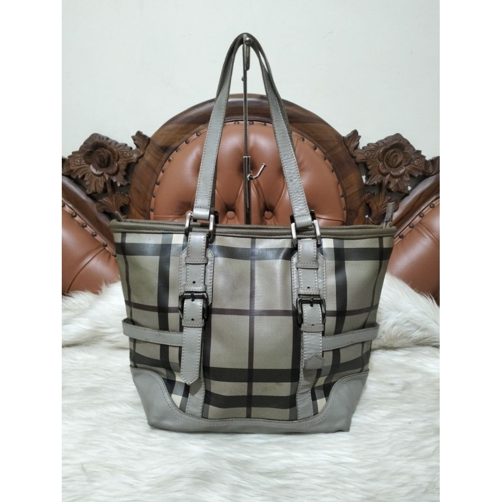 Burberry Grey Canvas Coated Leather Shoulder Bag