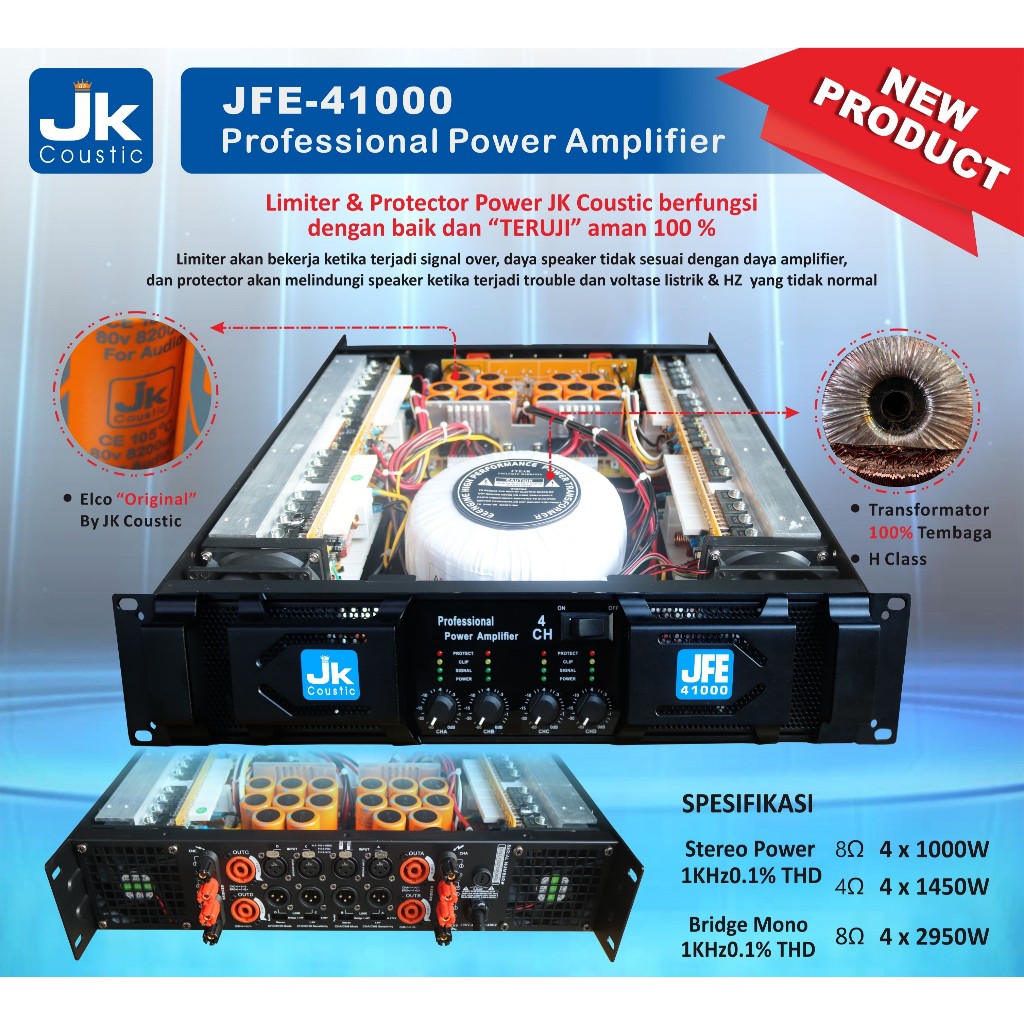 Power Amplifier 4 Chanel Class H Jk coustic JFE 41000 4x1000 watt