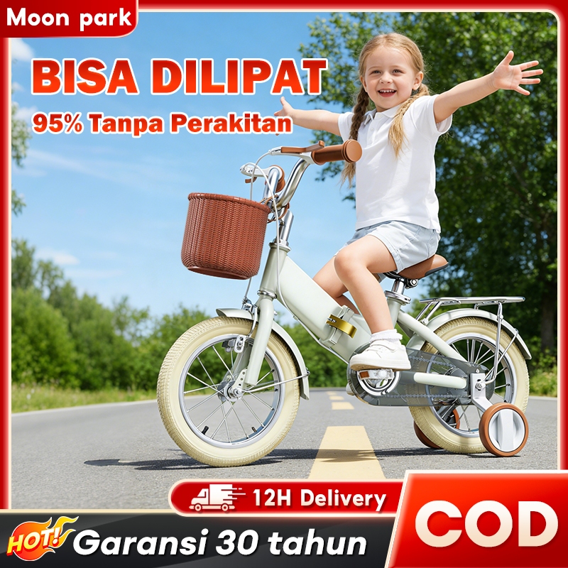 BEIGE Sepeda Anak Laki Laki Sepeda Lipat Keranjang Dengan Roda Bantu 2-12 Tahun Sepeda Anak 2 Tahun