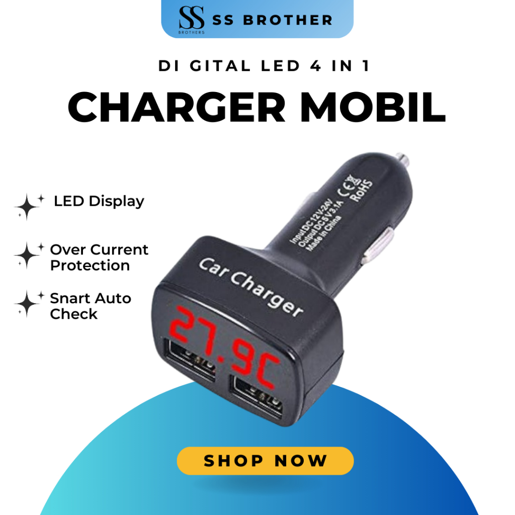 Charger Mobil 4 In 1 USB Voltmeter, Ampere Meter, Temperature Suhu Car Charger with Dual 3.1A output
